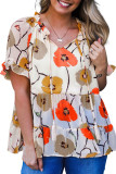 Orange Floral Print Frill Neck Tiered Babydoll Blouse