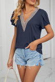V Neck Lace Edge Flare Sleeves Top
