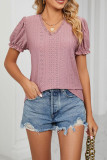 V Neck Lace Edge Puff Sleeves Hollow Out Top