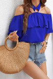Royal Blue Halter Off Shoulder Ruffles Blouse Top