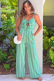 Green Striped Tie Front Wide Leg Jumpsuit