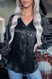 Black V Neck Leopard Pattern Blouse