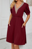 V Neck Lace Edge Pockets T-Shirt Dress