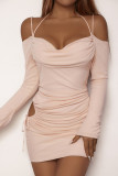Apricot Swing Collar Ruched Hollow Out Halter Dress