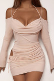 Apricot Swing Collar Ruched Hollow Out Halter Dress