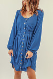 Blue Button Up High Waist Long Sleeve Dress