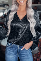 Black V Neck Leopard Pattern Blouse