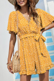 Polka Dot V Neck Waist Tie Ruffle Romper