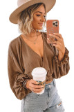 Khaki Waffle Knit Ruffled Cropped Wrap V Neck Blouse