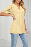 Plain V Neck Bubble Sleeves Hollow Out Top