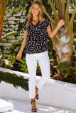 Black Polka Dot Scalloped V Neck Short Sleeves Top