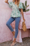 Green Floral V Neck Flare Sleeves Babydoll Top