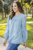 Blue Textured Ruffle Lantern Sleeve Babydoll Blouse