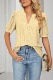 Plain V Neck Bubble Sleeves Hollow Out Top
