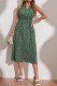 Green Spot Print Turn Down Collar V Neck Button Down Midi Dress