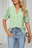 Plain V Neck Bubble Sleeves Hollow Out Top