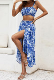 Blue Tie Dye Split Skirt and Top 2PCS Set