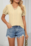 V Neck Lace Edge Puff Sleeves Hollow Out Top