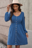 Blue Button Up High Waist Long Sleeve Dress