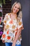 Orange Floral Print Frill Neck Tiered Babydoll Blouse