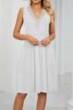 V Neck Lace Edge High Waist Pockets Sleeveless Tank Dress