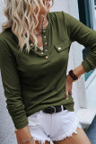 Green Snap Button V Neck Long Sleeve Top