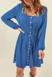 Blue Button Up High Waist Long Sleeve Dress