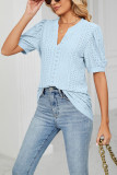 Plain V Neck Bubble Sleeves Hollow Out Top
