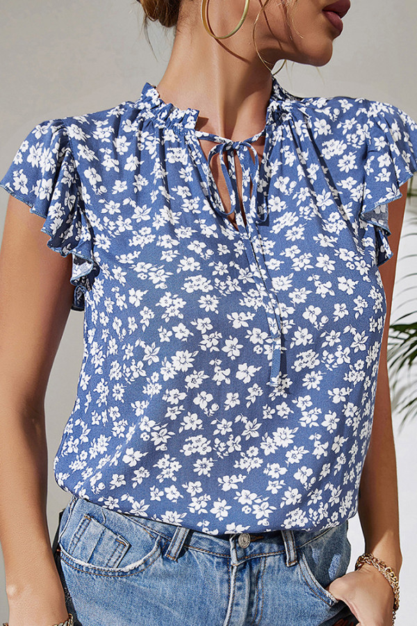 Blue Floral Split Frill Collar Blouse