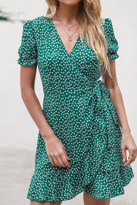 Green V Neck Polka Dot Wrap Ruffle Dress