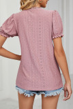 V Neck Lace Edge Puff Sleeves Hollow Out Top