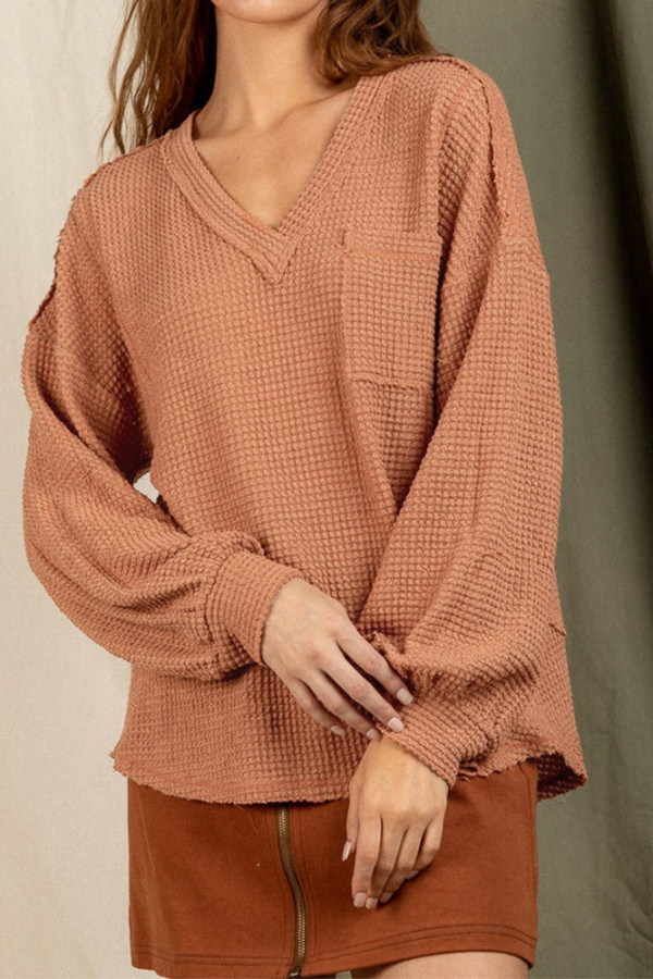 Plain V Neck Waffle Knit Loose Top
