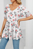 V Neck Puff Sleeves Floral Top