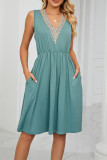 V Neck Lace Edge High Waist Pockets Sleeveless Tank Dress