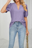 Plain V Neck Bubble Sleeves Hollow Out Top