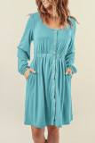 Sky Blue Button Up High Waist Long Sleeve Dress