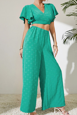 Green Texture Open Back Crop Top with Wide Leg Pants 2pcs Set