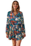 Blue Abstract Print Ruffled Drawstring High Waist Mini Dress