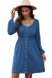 Blue Button Up High Waist Long Sleeve Dress