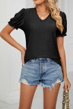 V Neck Lace Edge Puff Sleeves Hollow Out Top