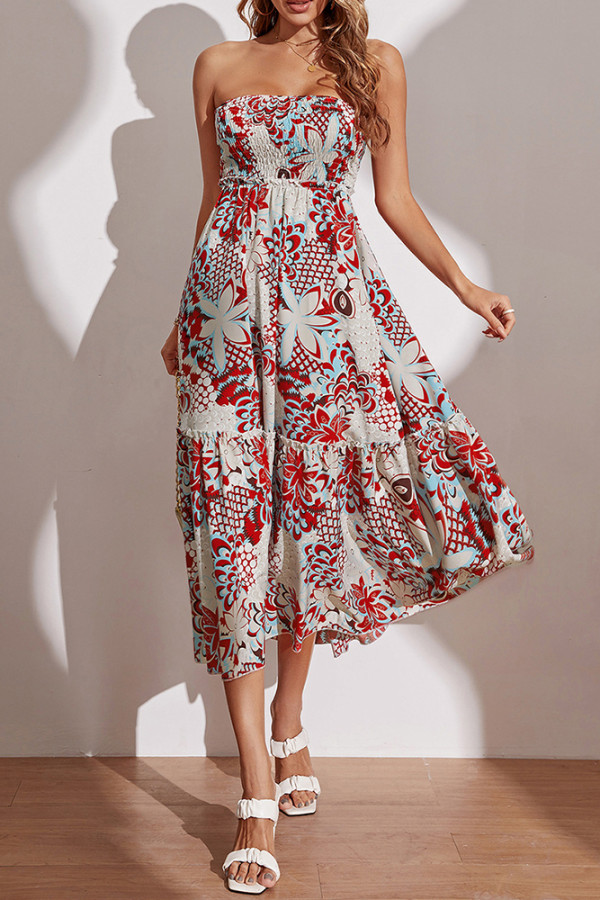 Strapless Smocked Bandeau High Waist Floral Midi Dress
