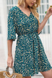 Green V Neck Flare Sleeves Backless Flower Dress