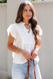 White Smocked Flutter Sleeve Drawstring V Neck Blouse