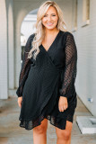 Black Plus Size Swiss Dot V Neck Wrap Long Sleeve Dress