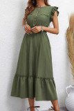 Green Ruffle Button Elastic Waist Long Dress