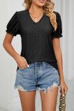 V Neck Lace Edge Puff Sleeves Hollow Out Top