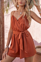 Plain V Neck Spaghetti Waist Tie Short Romper