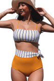 Yellow 2pcs Contrast Striped Tie High Waist Bikini Swimsuit