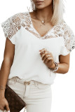 White Hollowed Lace Short Sleeve V Neck Blouse