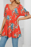 V Neck Puff Sleeves Floral Top